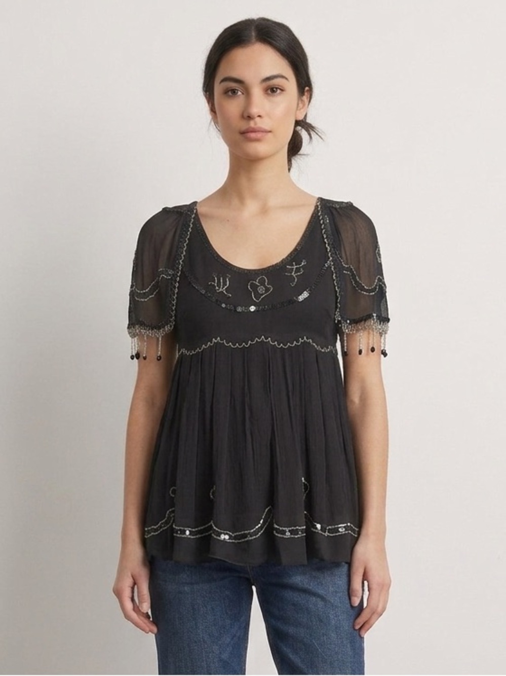 Black Italian Beaded Chiffon Babydoll Going Out Top w/ Butterfly Sleeves - 40/6